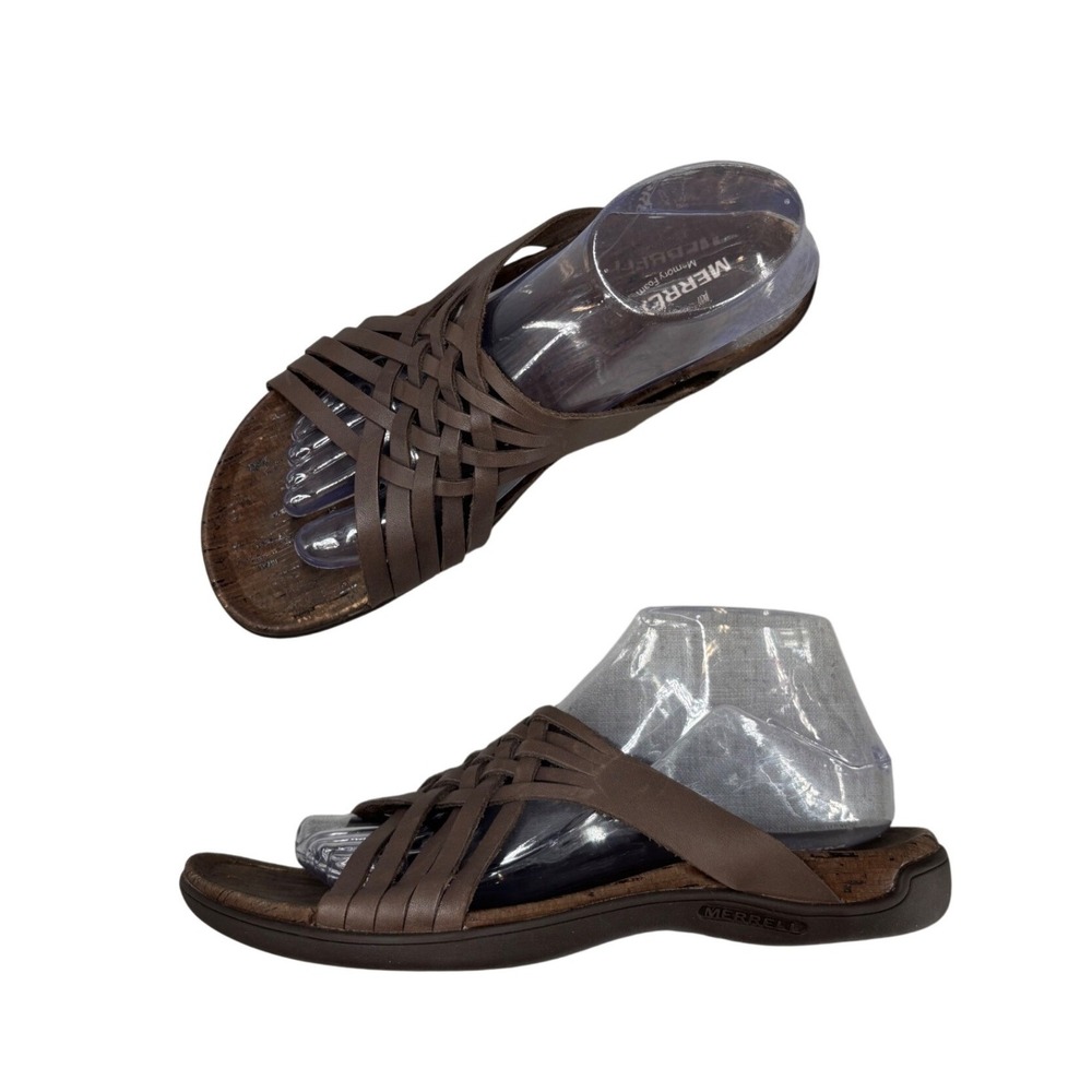 Merrell District Mahana Slide Brown Leather Woven Sandals Slip On Cork Women's 9